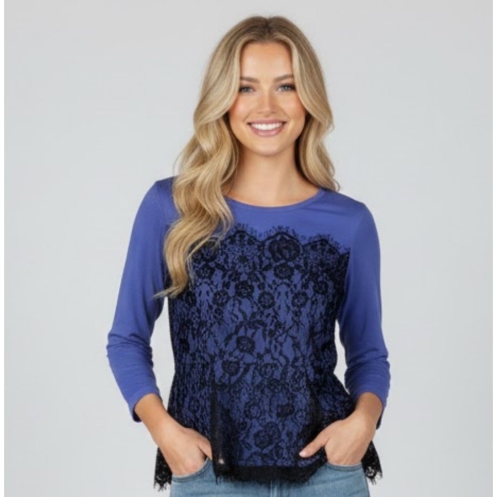 ELLE Women's Blue Peplum Long‎ Sleeve Top Small Unconventional Lace Fairy Grunge